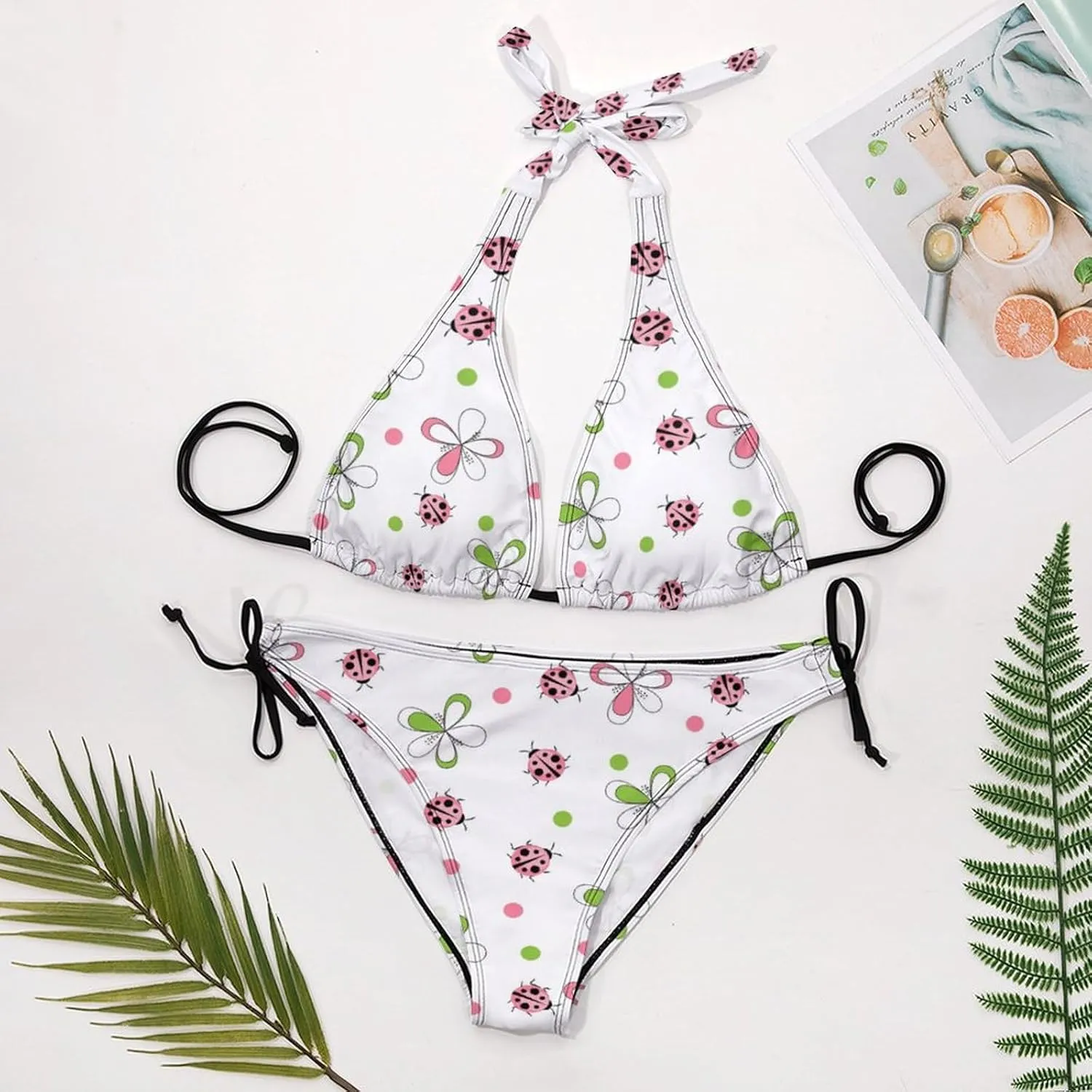 Ladybug Bikini Sets Women Tow Pic Sexy Halter Padded Bikini Set Side Tie Triangle Beach Bathing Suit Tankini Splits