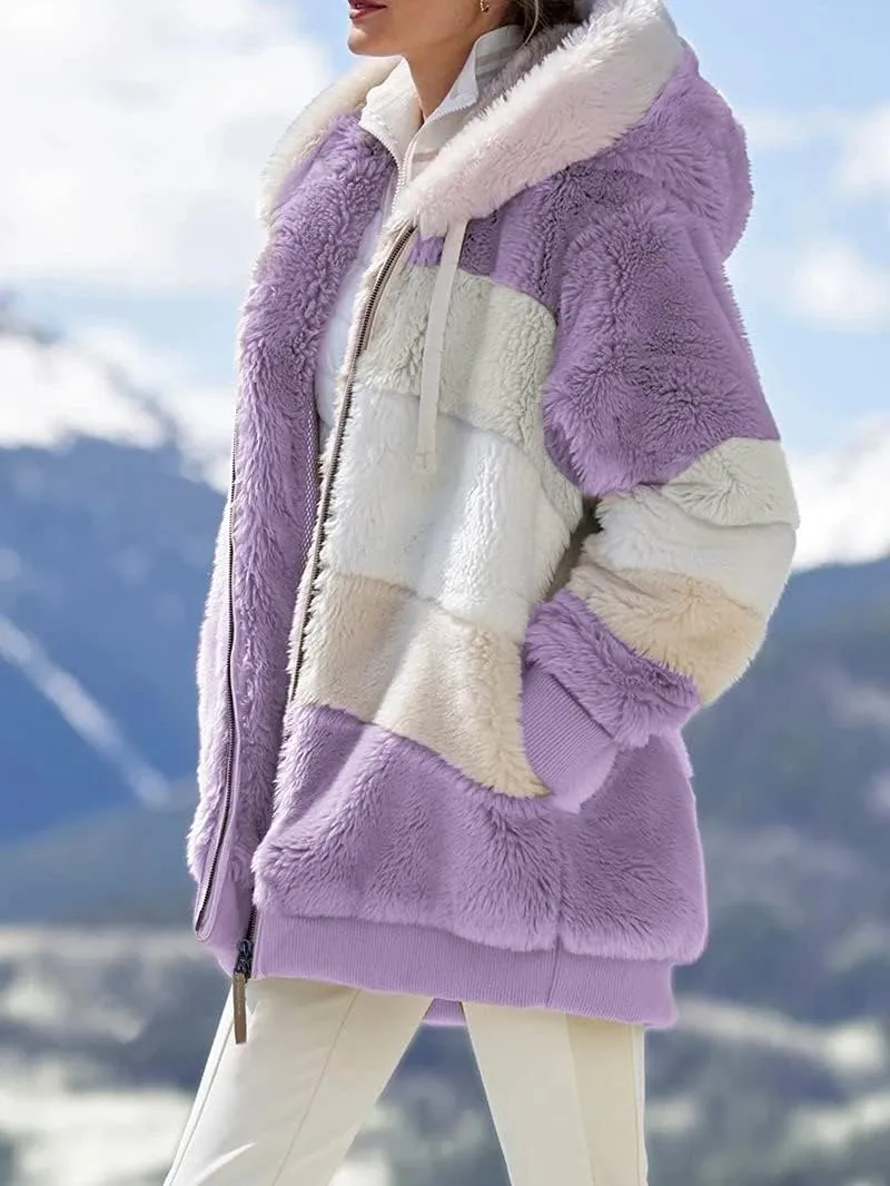Lamb Wool Padded Coat, Contrasting Lamb Wool Padded Coat, Loose Thick Plush Hooded Jackets