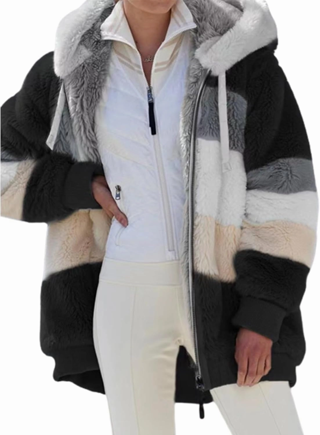 Lamb Wool Padded Coat, Contrasting Lamb Wool Padded Coat, Loose Thick Plush Hooded Jackets