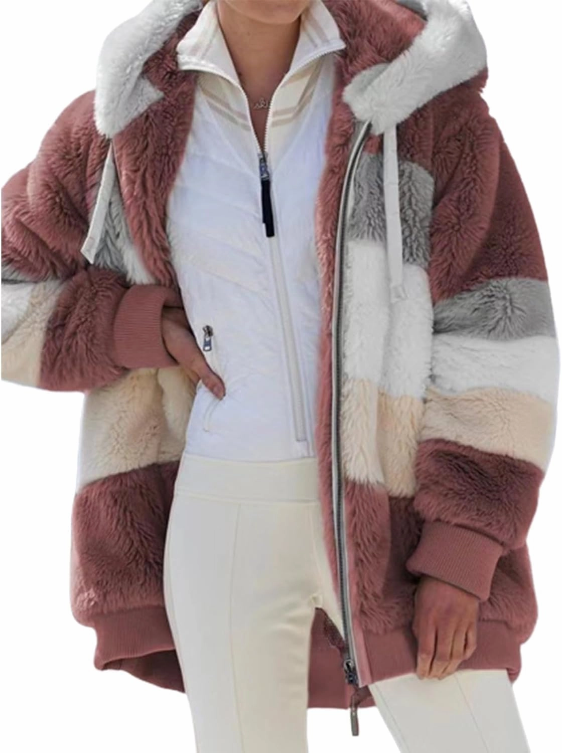 Lamb Wool Padded Coat, Contrasting Lamb Wool Padded Coat, Loose Thick Plush Hooded Jackets