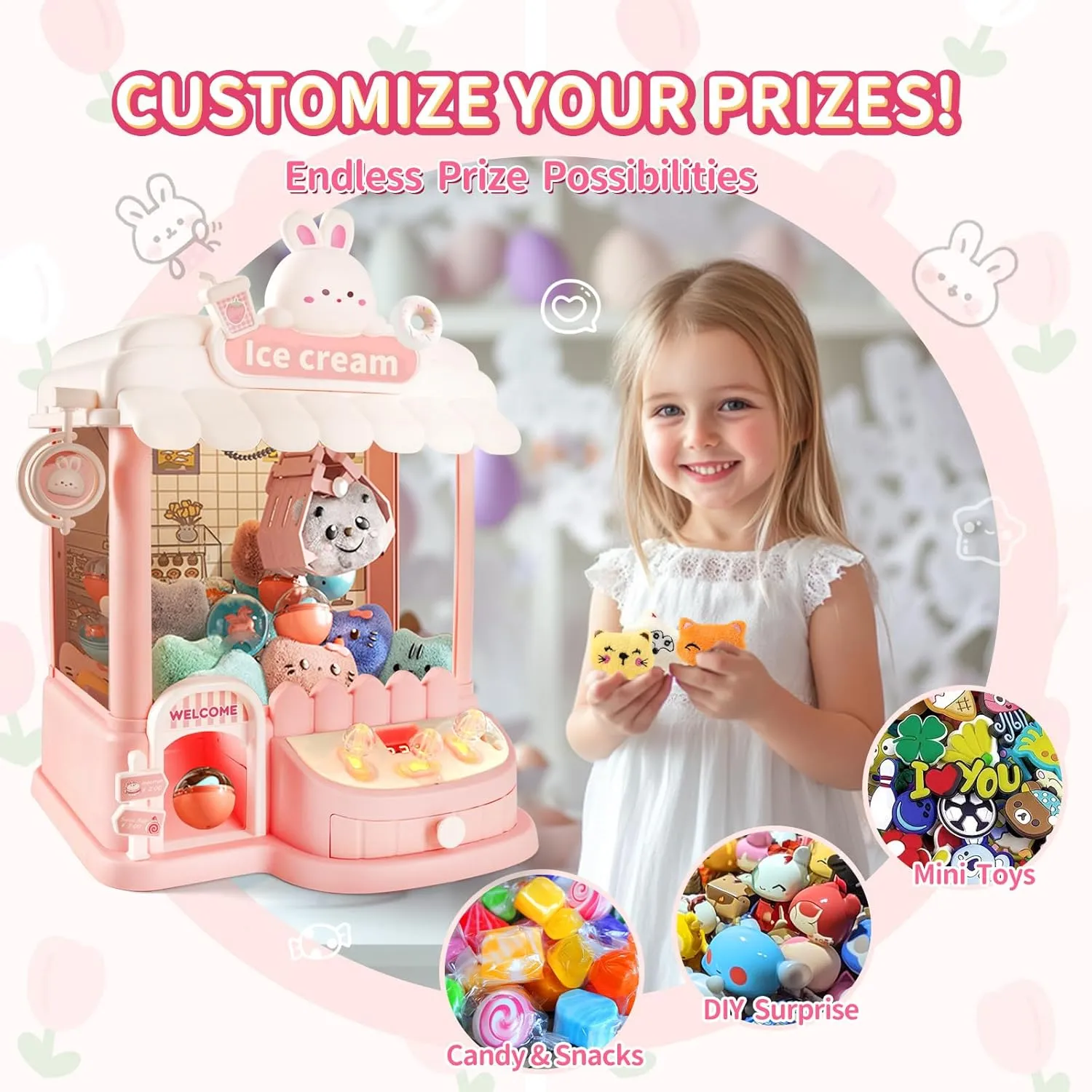 Large Claw Machine for Kids Adults, Mini Vending Machine with 30 Fun Toys, Candy Dispenser Machine, Prize Dispenser with Music Light Birthday Gifts for Boys Girls Age 5-7 8-10 10-12 (Bunny)