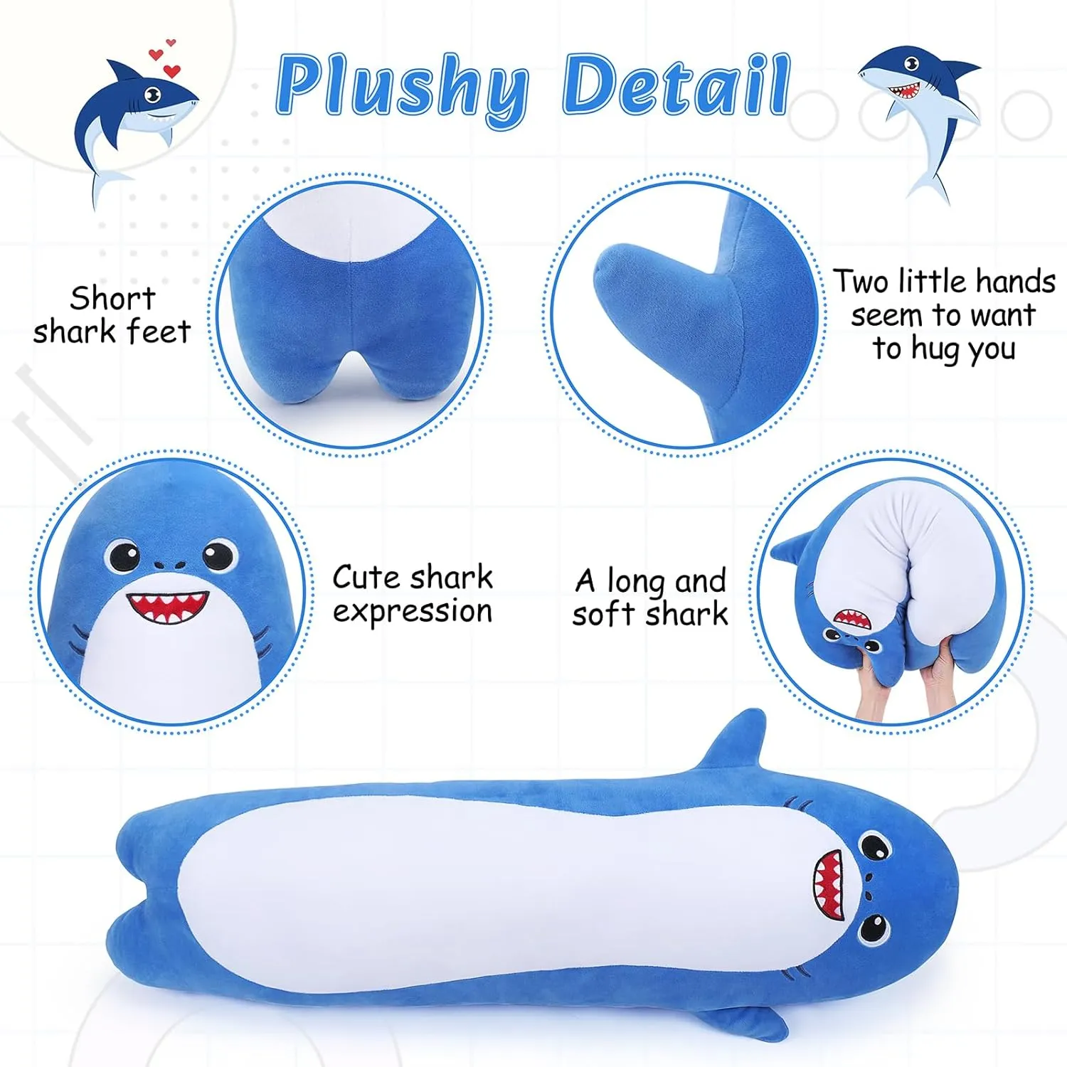 Large Shark Stuffed Animal, 33.5' Long Shark Plush, Cute Plushie Body Pillow, Kawaii Big Plush Toy Animal Gift, Sleeping Hugging Pillow for Kids & Adults