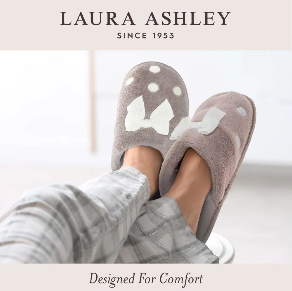 Laura Ashley Open Toe Fluffy Band Slippers for Women with Non-Skid Rugged Sole, Plush Terry Slippers for Ladies