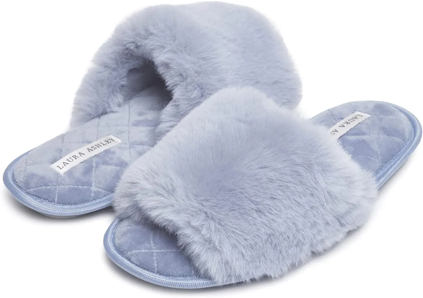 Laura Ashley Open Toe Fluffy Band Slippers for Women with Non-Skid Rugged Sole, Plush Terry Slippers for Ladies