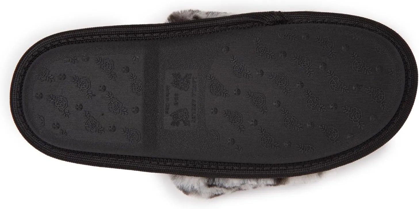 Laura Ashley Open Toe Fluffy Band Slippers for Women with Non-Skid Rugged Sole, Plush Terry Slippers for Ladies