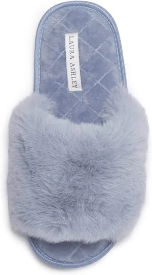 Laura Ashley Open Toe Fluffy Band Slippers for Women with Non-Skid Rugged Sole, Plush Terry Slippers for Ladies