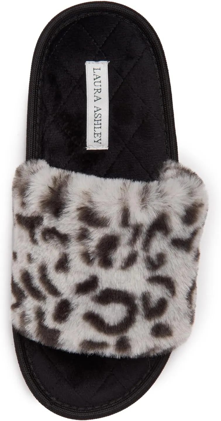 Laura Ashley Open Toe Fluffy Band Slippers for Women with Non-Skid Rugged Sole, Plush Terry Slippers for Ladies