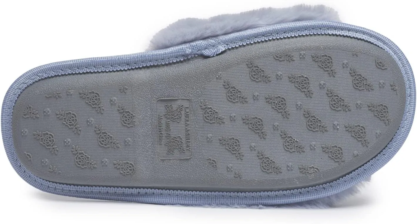 Laura Ashley Open Toe Fluffy Band Slippers for Women with Non-Skid Rugged Sole, Plush Terry Slippers for Ladies