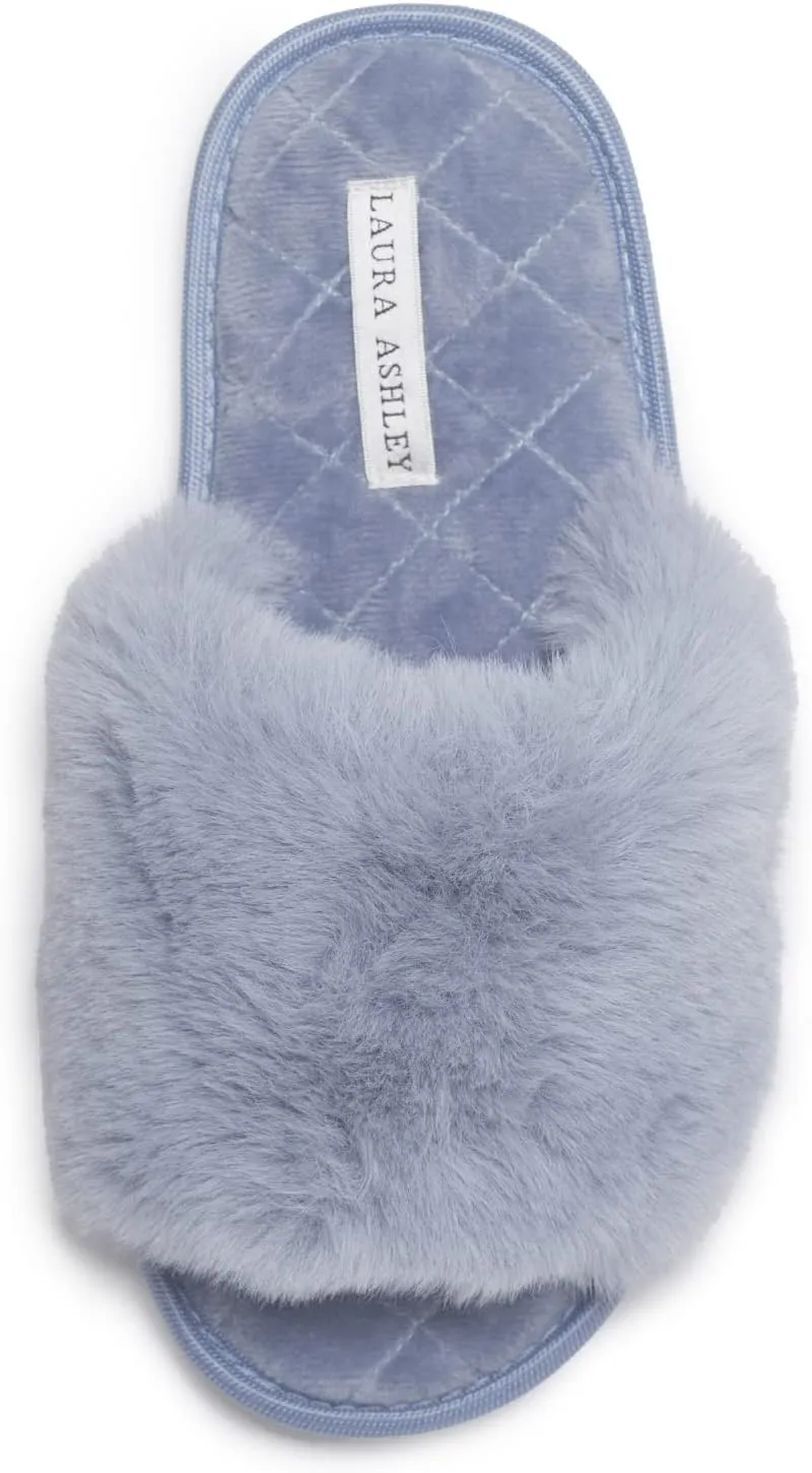 Laura Ashley Open Toe Fluffy Band Slippers for Women with Non-Skid Rugged Sole, Plush Terry Slippers for Ladies
