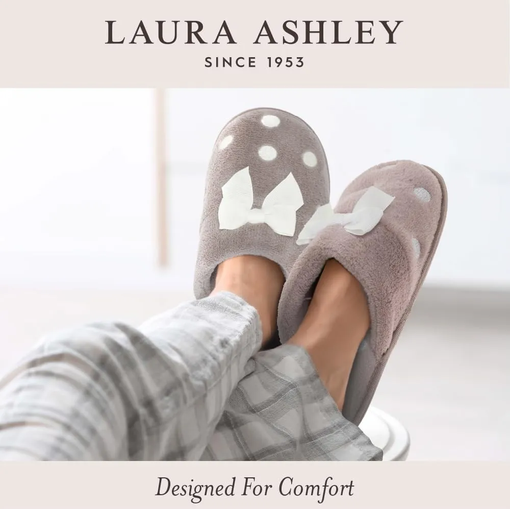 Laura Ashley Open Toe Fluffy Band Slippers for Women with Non-Skid Rugged Sole, Plush Terry Slippers for Ladies