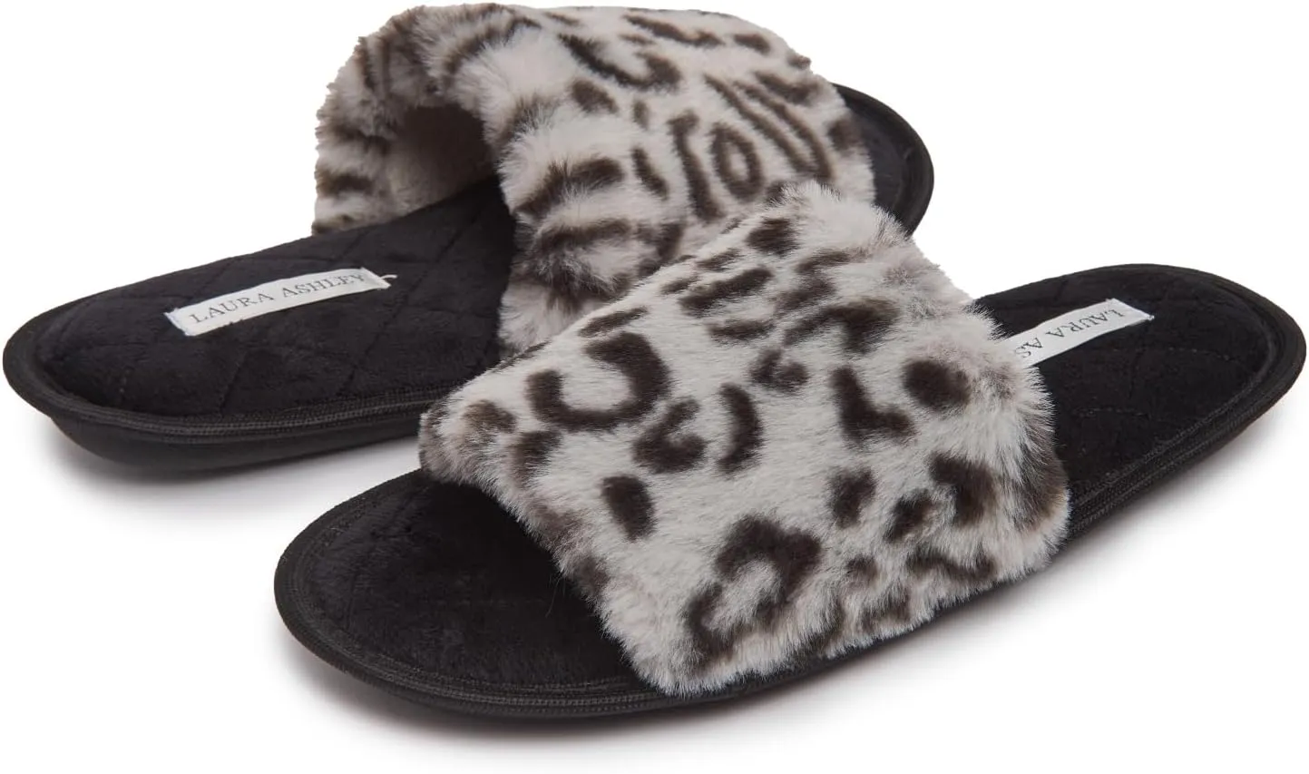 Laura Ashley Open Toe Fluffy Band Slippers for Women with Non-Skid Rugged Sole, Plush Terry Slippers for Ladies