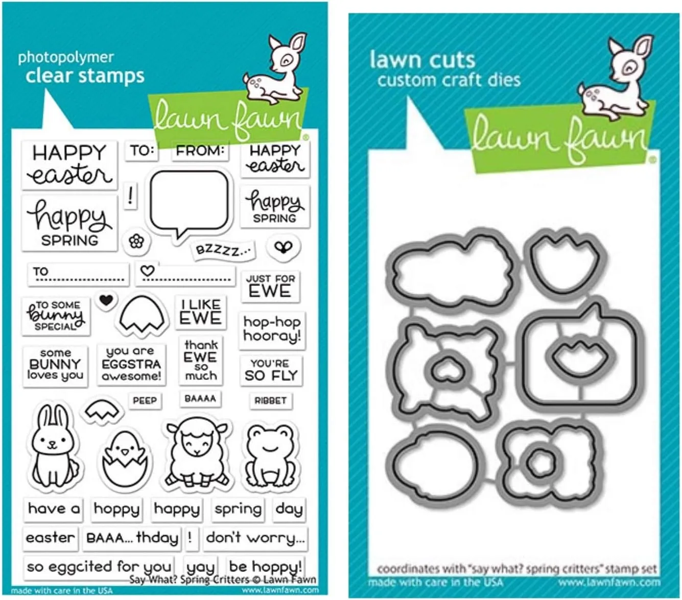 Lawn Fawn Say What Spring Critters 4”x6” Clear Stamp Set and Coordinating Custom Craft Die Set (LF2228, LF2229), Bundle of 2 Items