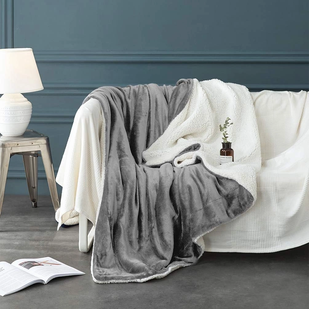 LBRO2M Sherpa Fleece Bed Blanket King Size Super Soft Fuzzy Plush Warm Cozy Fluffy Microfiber Couch Throw Velvet Double Reversible Luxurious Blankets,Grey