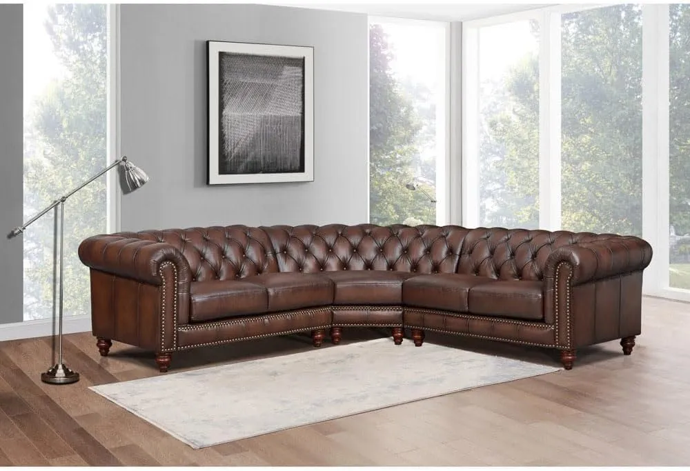 Leather Symmetrical Sectional Sofa with Tufted Back, High Rolled Arms and Solid Wood Frame, Mid-Century Modern Style, Brown