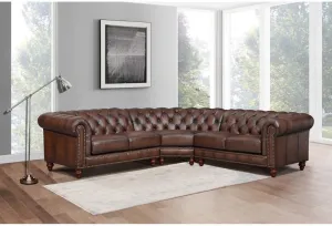 Leather Symmetrical Sectional Sofa with Tufted Back, High Rolled Arms and Solid Wood Frame, Mid-Century Modern Style, Brown
