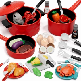 Lehoo Castle Play Kitchen Accessories, Play Pots and Pans Sets for Kids Kitchen, Play Food Sets for Kids, Toddler Cooking Set with Utensils, Toy Foods for Toddlers 3-5, Toys for 3  Years Old Girls