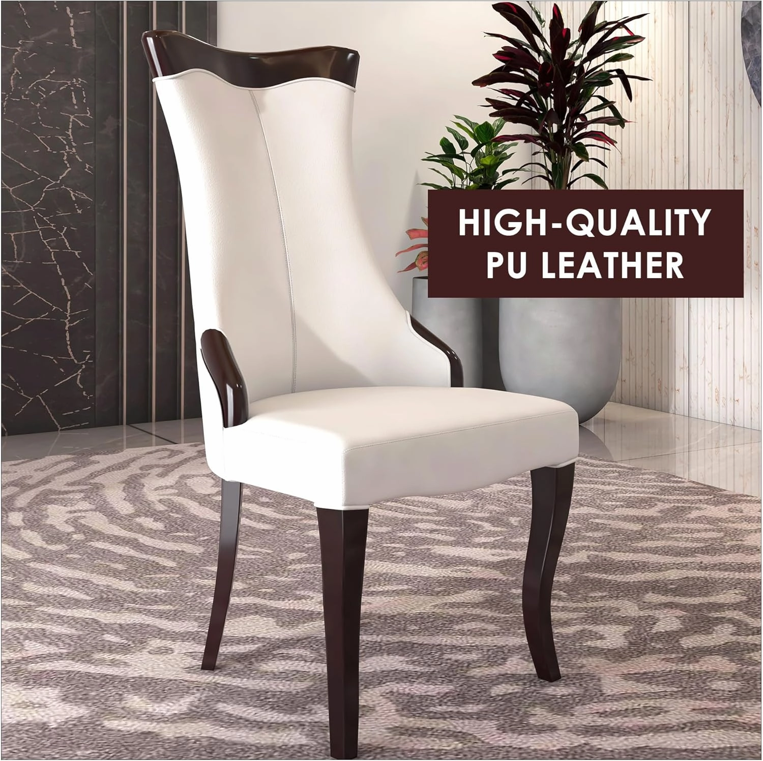 LeisureMod Modern Dining Chair Upholstered in Leather or Velvet Cozy Accent Kitchen with Rubberwood Legs Novara Series, Off White
