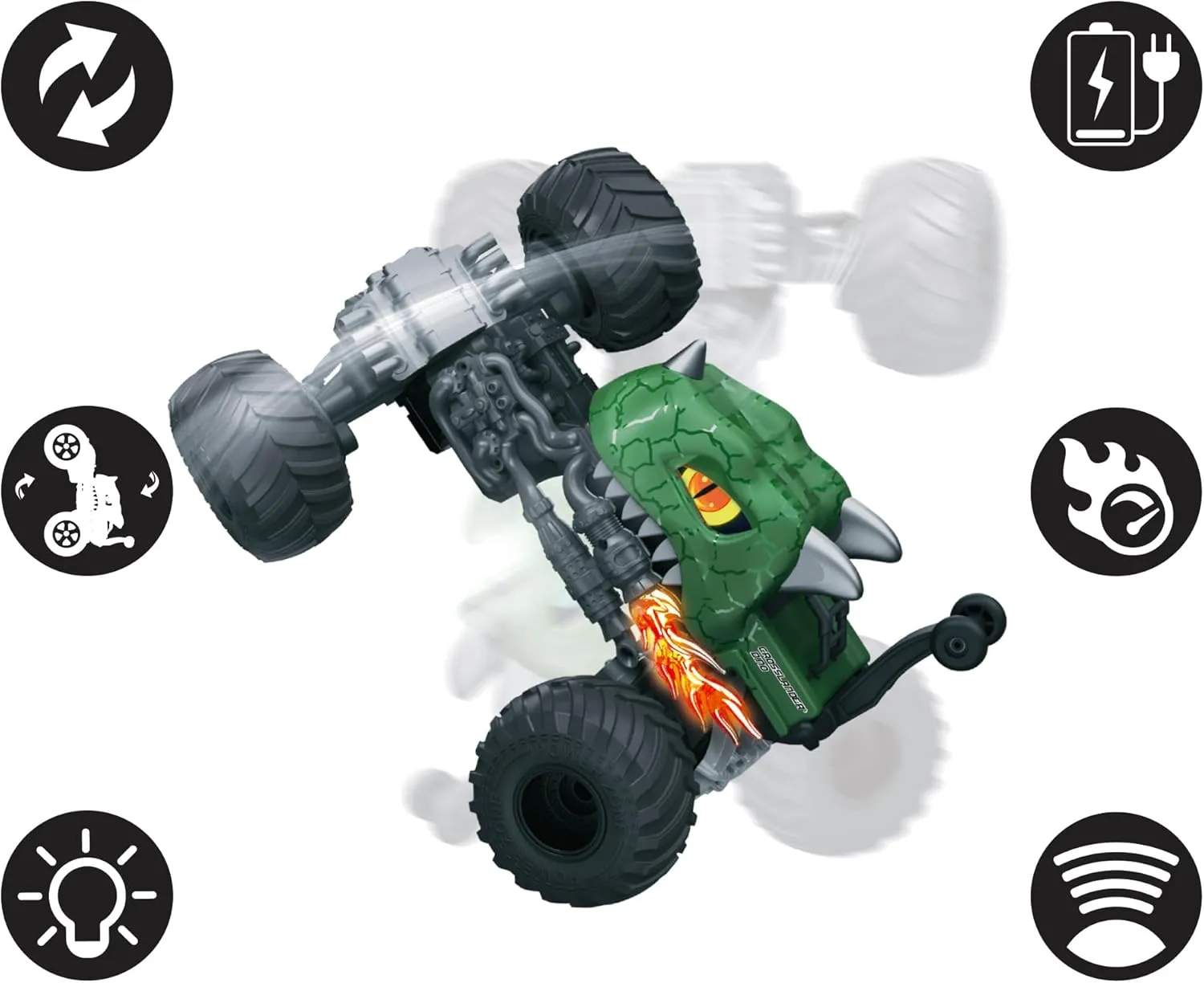 Lexibook, Crosslander® Dino, Remote controlled dinosaur car, up to 10km/h, crazy stunts, pitching, integrated gyroscope, light effects, rechargeable, RC59D,Green