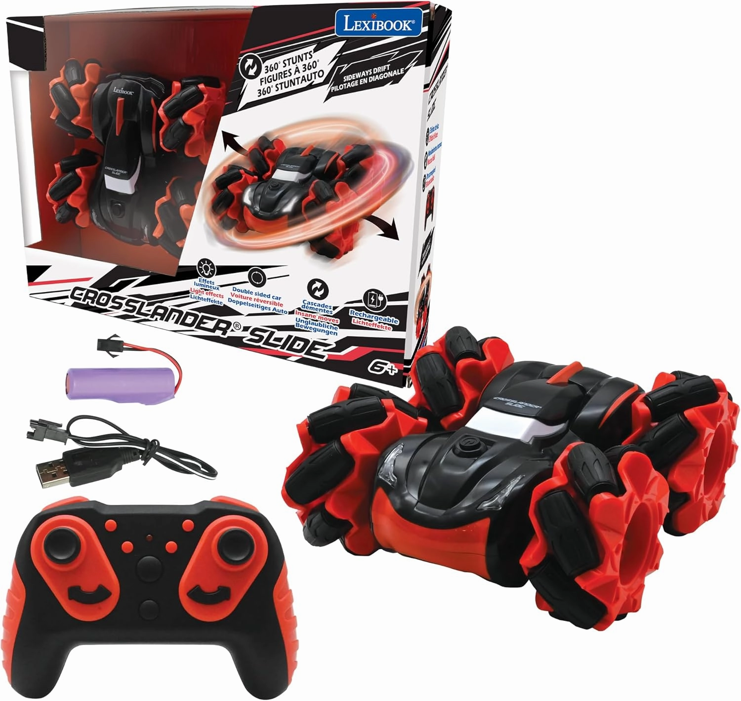 Lexibook, Crosslander® Slide, Remote Control car, up to 12km/h, 4 Wheel Drive, Reversible, Crazy 360° Stunts, Light Effects, Rechargeable, RC58