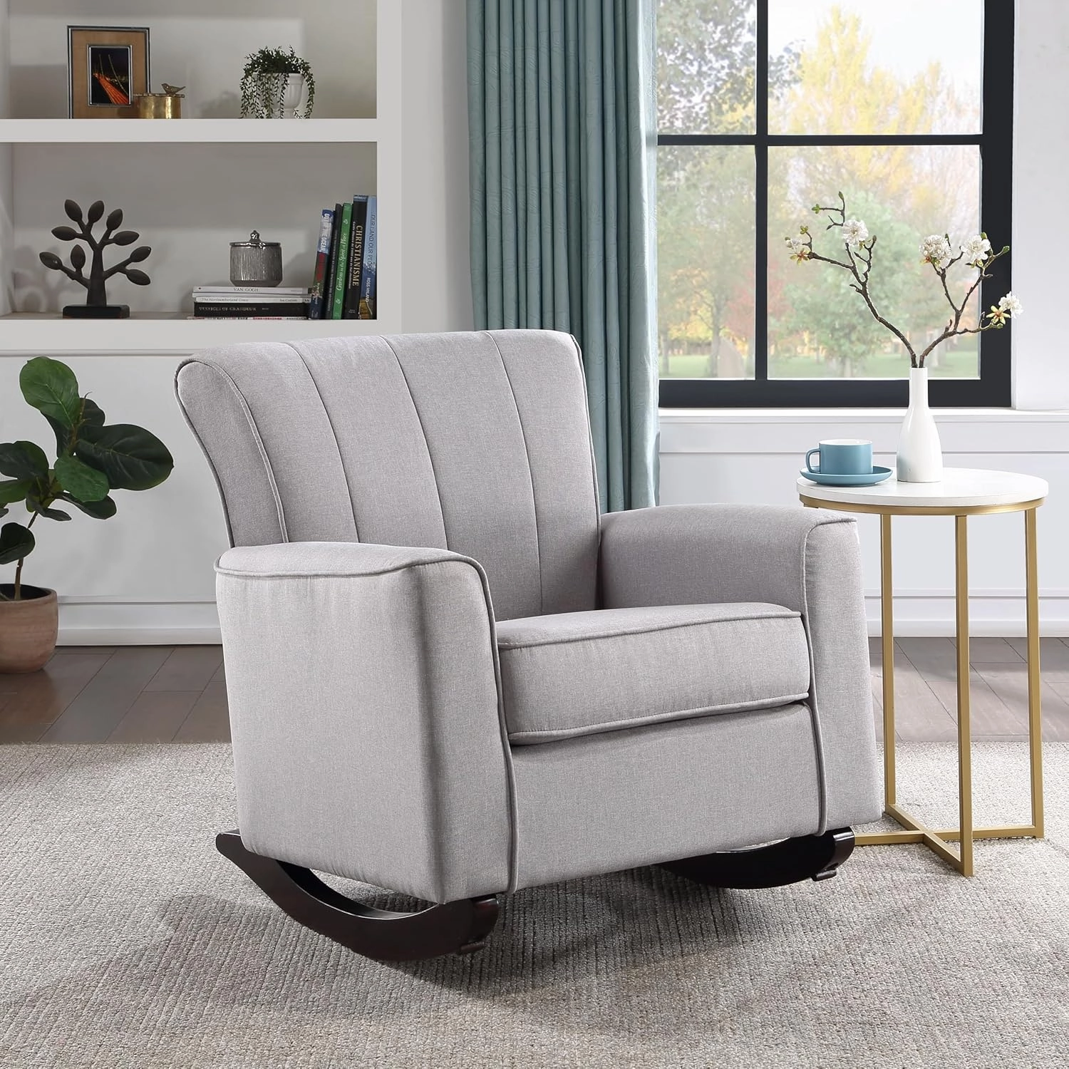 Light Grey Rocking Chair with Track Arm, Pocket Coil Seat Construction, Sturdy Wooden Legs for Living Room, Comfortable and Durable Design