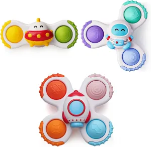 LiKee Strong Suction Cup Fidget Rotating Sensory Bath Toys for Baby 12 18 Months Airplane Car Travel Table & Window Toys for 1 2 Years Old Toddler Boys and Girls (Space-1)