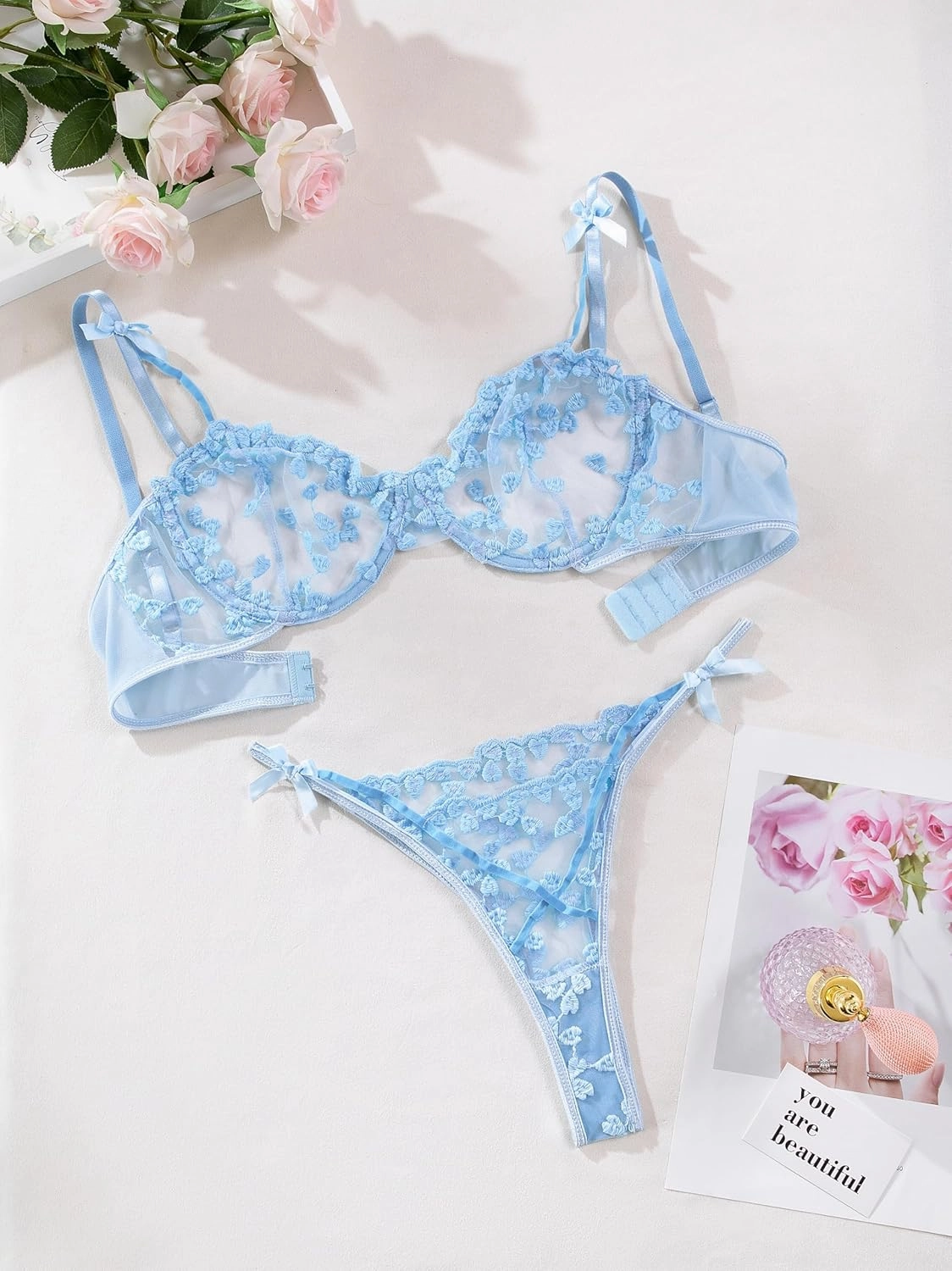 Lilosy Sexy Underwire Cute Push Up Strappy Embroidered Mesh Sheer Lingerie Set See Through Panty Bra