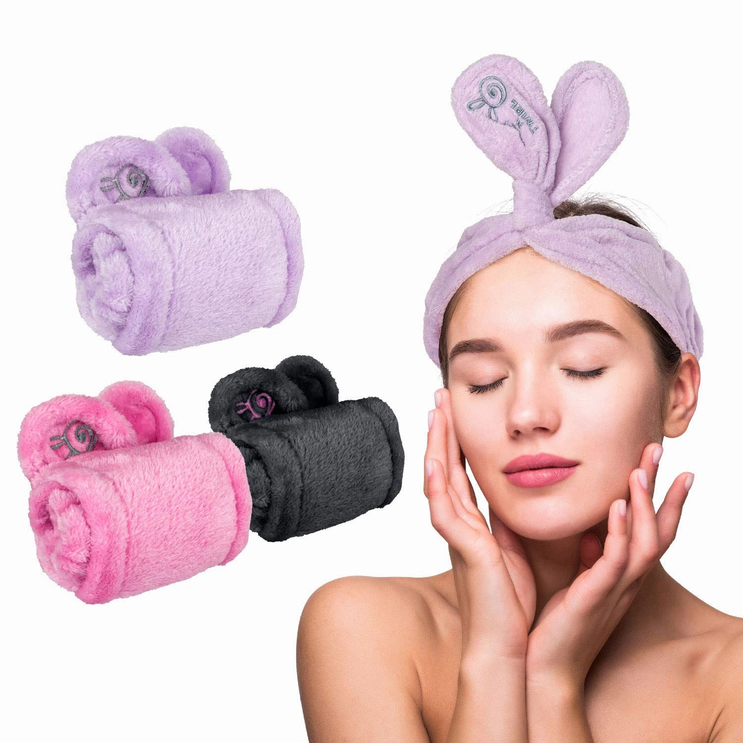 Lindo Twist-N-Twirl Facewash Headband - One Size Fits All, Adjustable, Comfortable Plush Fabric, Non-Slip, Perfect for Masks, for Women (3 Pack) (Pink, Purple, Black)