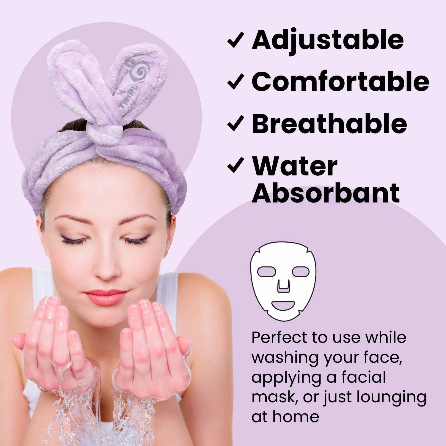 Lindo Twist-N-Twirl Facewash Headband - One Size Fits All, Adjustable, Comfortable Plush Fabric, Non-Slip, Perfect for Masks, for Women (3 Pack) (Pink, Purple, Black)