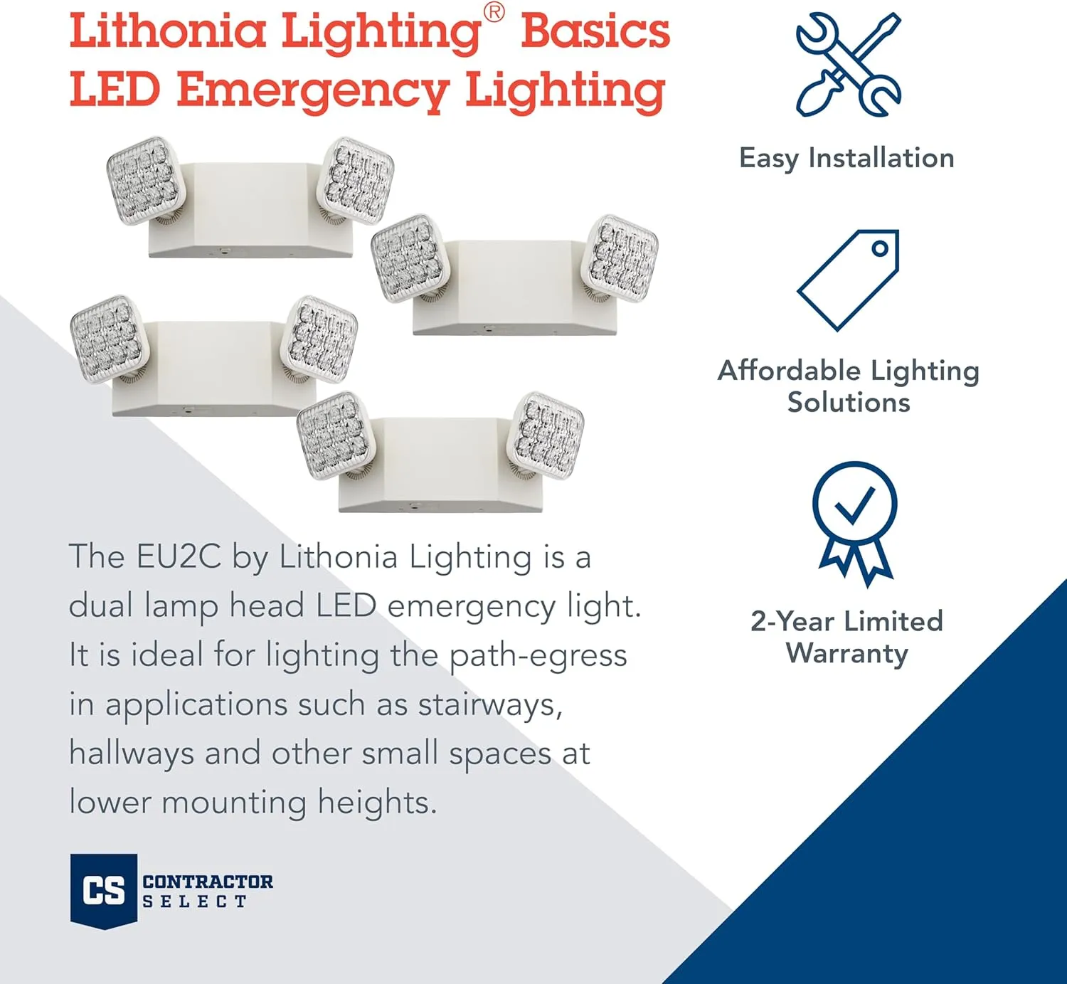 Lithonia Lighting Basics LED Emergency Light, Emergency Lighting with Dual Adjustable LED Lamp Heads, Wall Mount, Damp Location Rated, 90-Minute Backup, 120/277V, White, 4-Pack (EU2C CP4)