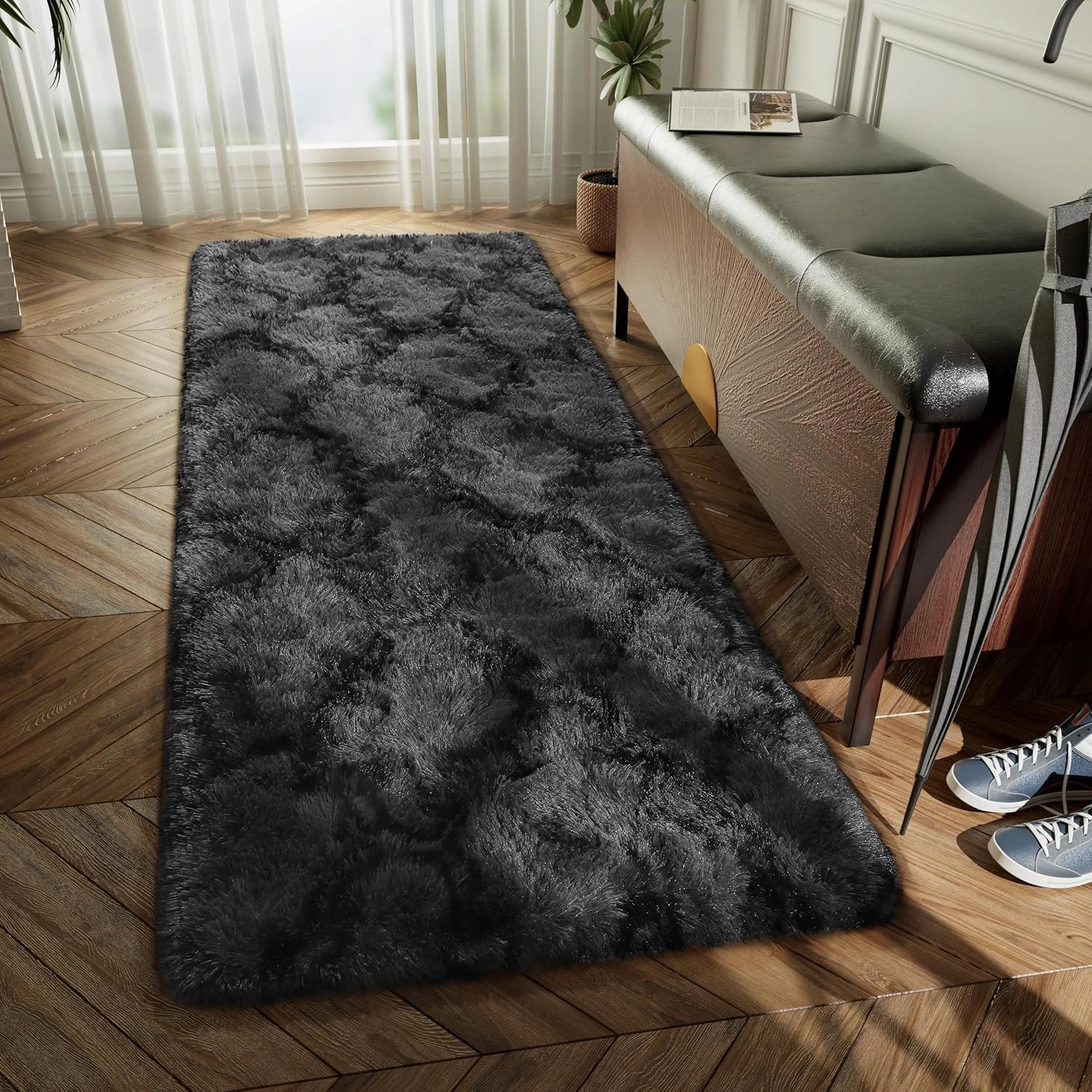 LOCHAS Luxury Shag Area Rug 2x6 Feet Geometric Plush Fluffy Rugs, Extra Soft Carpet Moroccan Rugs for Bedroom Living Room Dorm Kids, High Pile Shaggy Floor Rug Decor, Dark Grey/Black