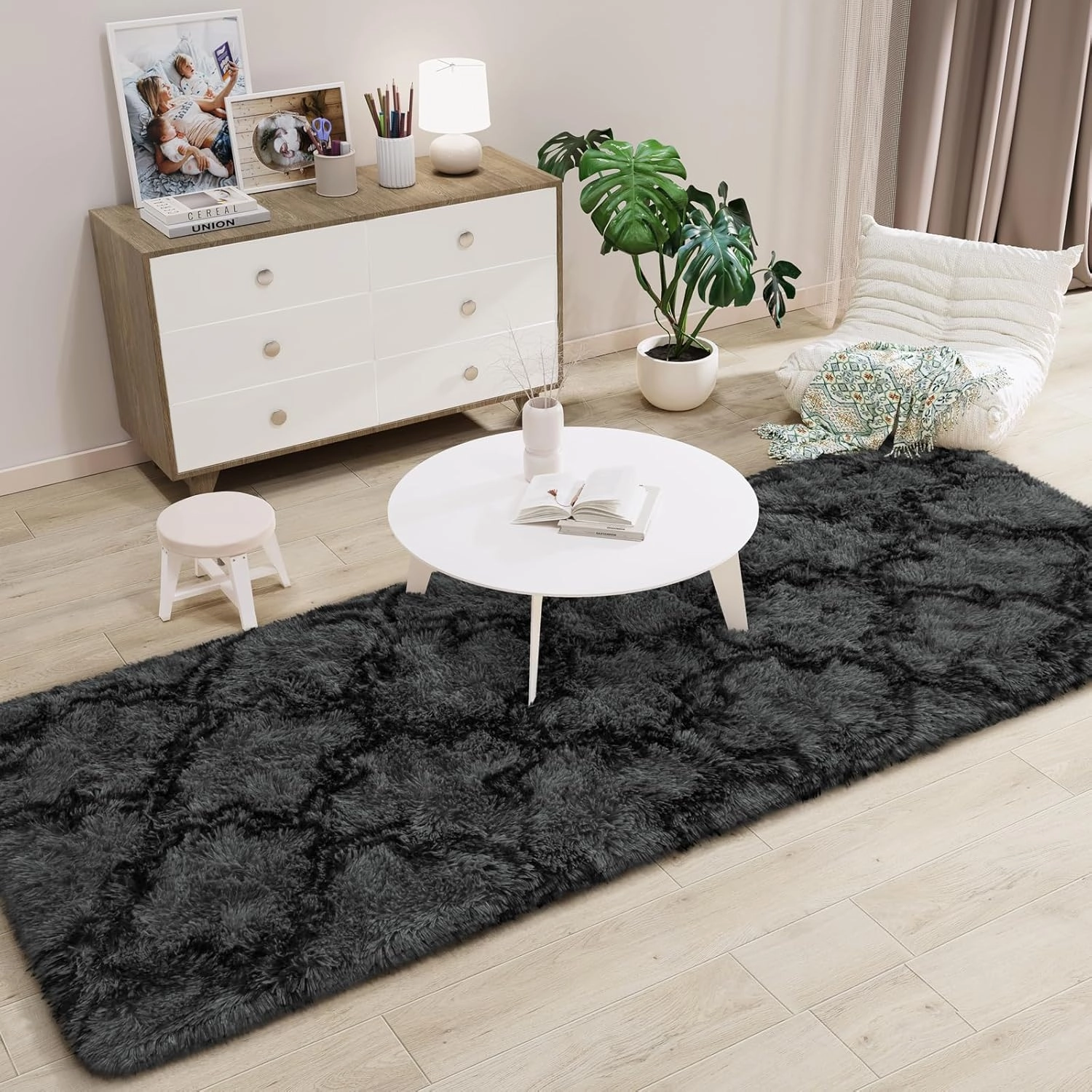 LOCHAS Luxury Shag Area Rug 2x6 Feet Geometric Plush Fluffy Rugs, Extra Soft Carpet Moroccan Rugs for Bedroom Living Room Dorm Kids, High Pile Shaggy Floor Rug Decor, Dark Grey/Black