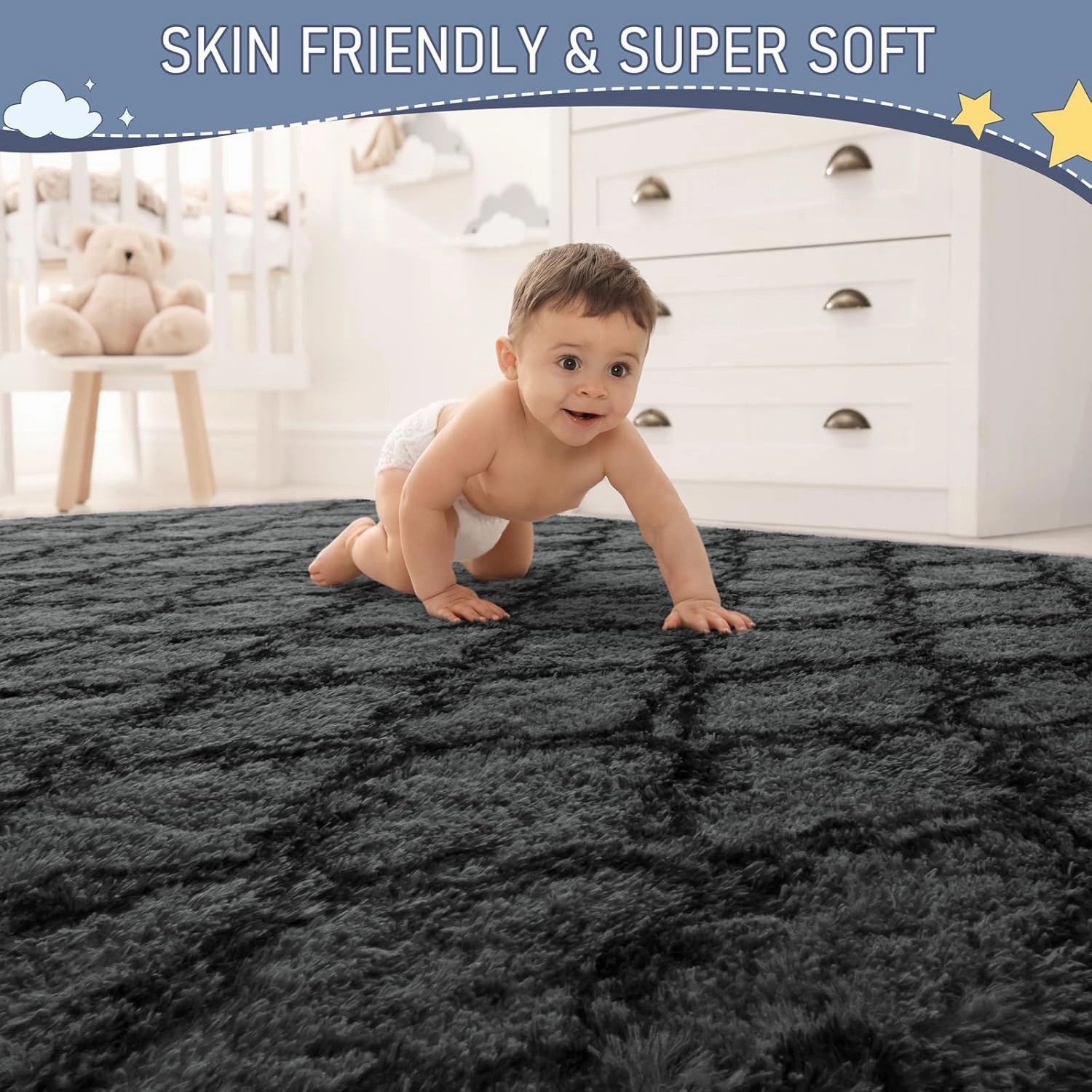 LOCHAS Luxury Shag Area Rug 2x6 Feet Geometric Plush Fluffy Rugs, Extra Soft Carpet Moroccan Rugs for Bedroom Living Room Dorm Kids, High Pile Shaggy Floor Rug Decor, Dark Grey/Black