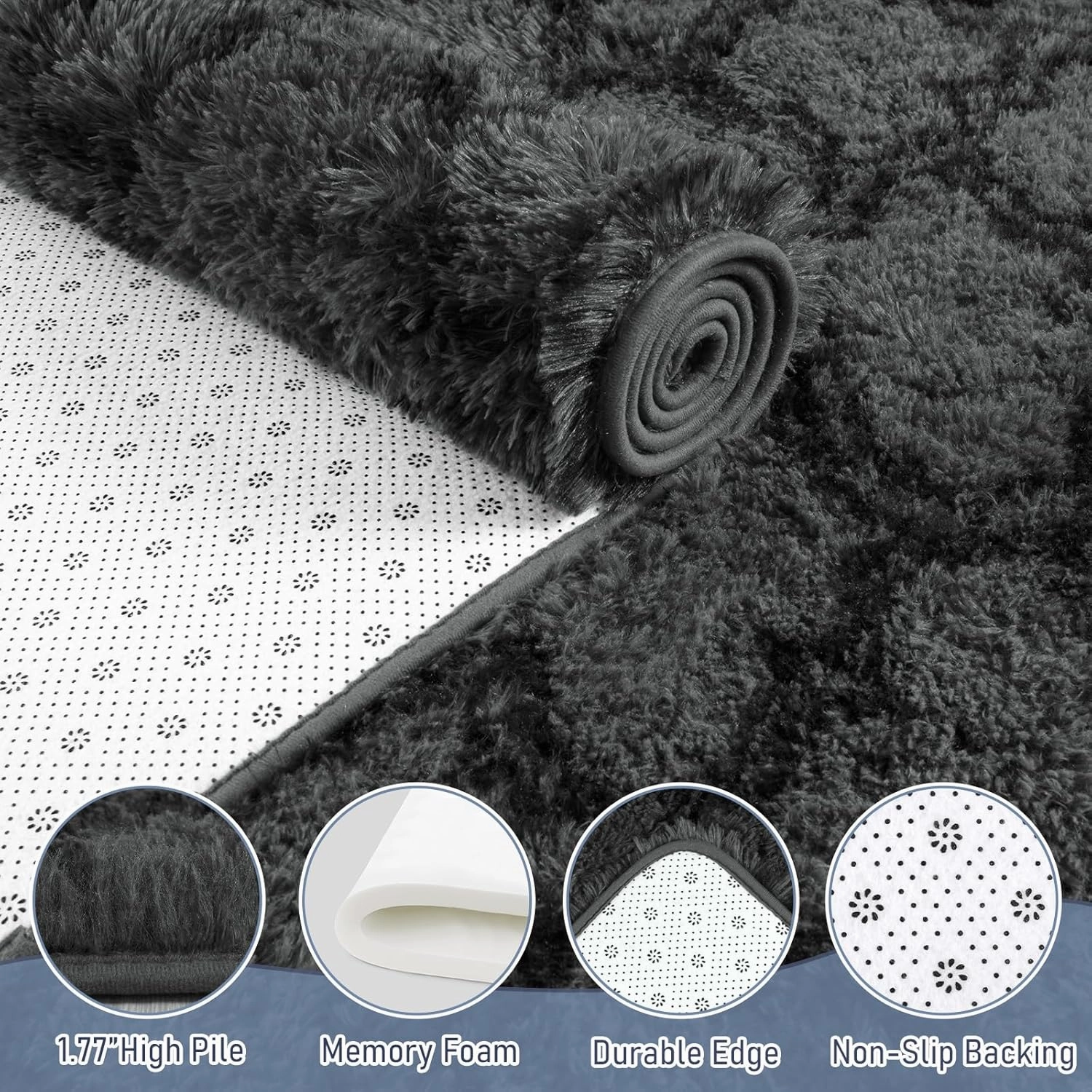LOCHAS Luxury Shag Area Rug 2x6 Feet Geometric Plush Fluffy Rugs, Extra Soft Carpet Moroccan Rugs for Bedroom Living Room Dorm Kids, High Pile Shaggy Floor Rug Decor, Dark Grey/Black