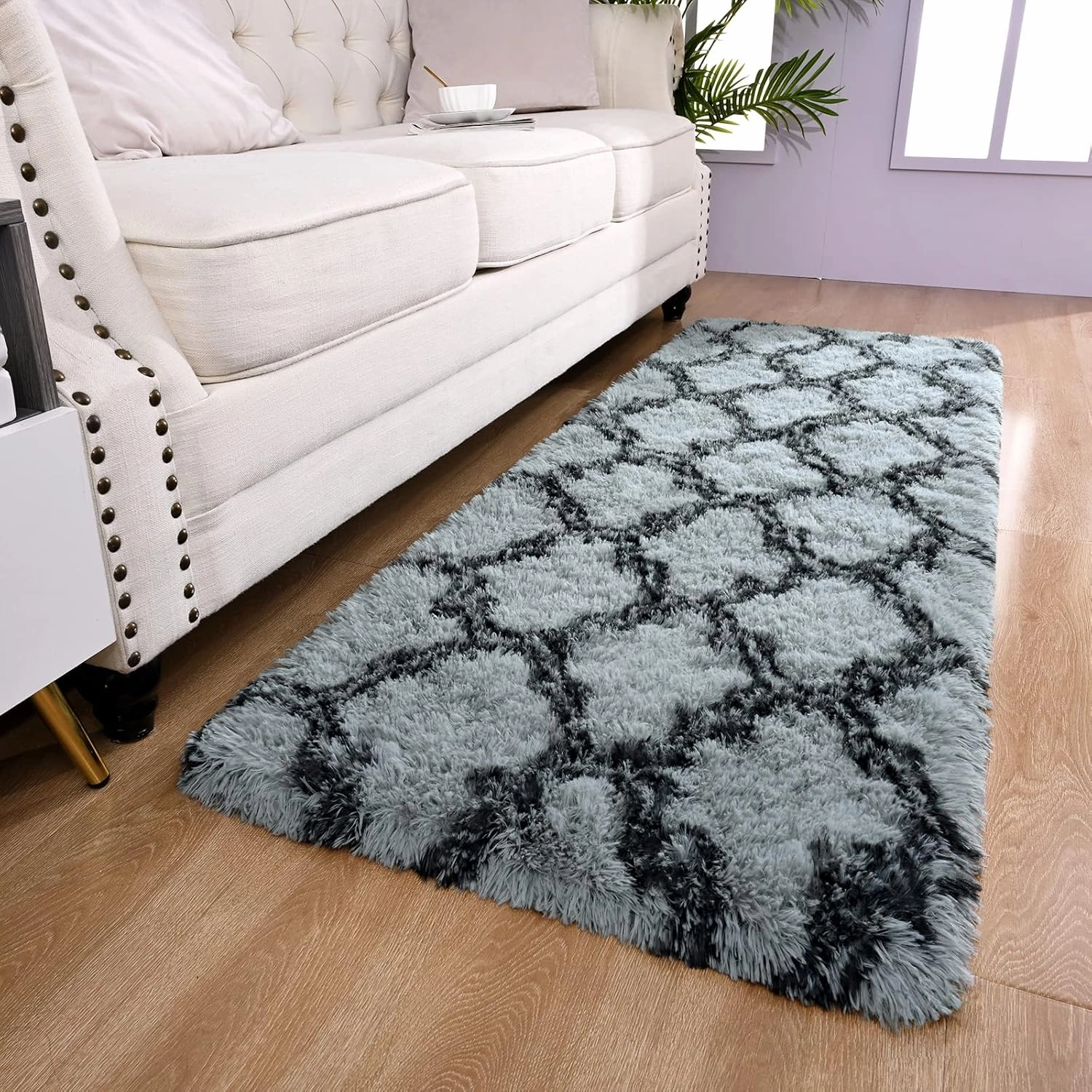LOCHAS Luxury Shag Area Rug 2x6 Feet Geometric Plush Fluffy Rugs, Extra Soft Carpet Moroccan Rugs for Bedroom Living Room Dorm Kids, High Pile Shaggy Floor Rug Decor, Grey/Black