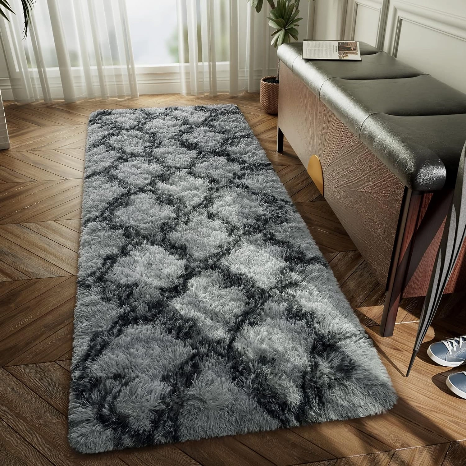 LOCHAS Luxury Shag Area Rug 2x6 Feet Geometric Plush Fluffy Rugs, Extra Soft Carpet Moroccan Rugs for Bedroom Living Room Dorm Kids, High Pile Shaggy Floor Rug Decor, Grey/Black