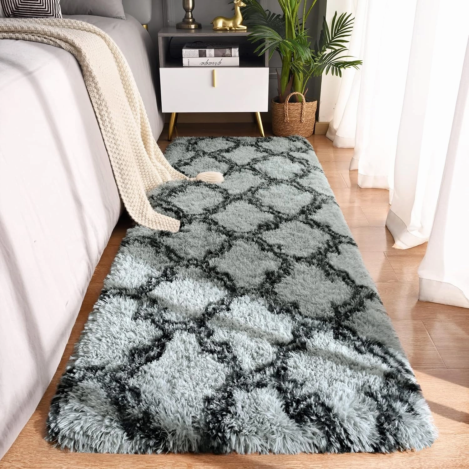LOCHAS Luxury Shag Area Rug 2x6 Feet Geometric Plush Fluffy Rugs, Extra Soft Carpet Moroccan Rugs for Bedroom Living Room Dorm Kids, High Pile Shaggy Floor Rug Decor, Grey/Black