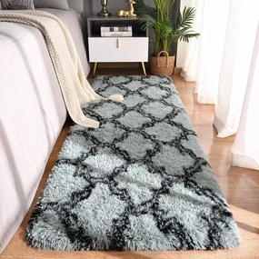 LOCHAS Luxury Shag Area Rug 2x6 Feet Geometric Plush Fluffy Rugs, Extra Soft Carpet Moroccan Rugs for Bedroom Living Room Dorm Kids, High Pile Shaggy Floor Rug Decor, Grey/Black