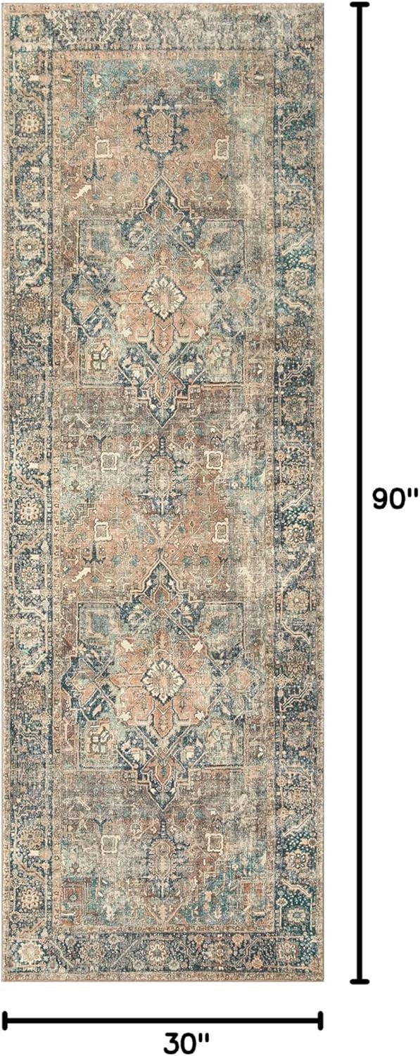 Loloi Margot Collection 2'-6" x 7'-6" Runner Rug in Terracotta/Lagoon - Thick Low Pile Area Rug, No-Shed Easy Clean Large Patterned Area Rug for Living Room, Bedroom, Dining Area