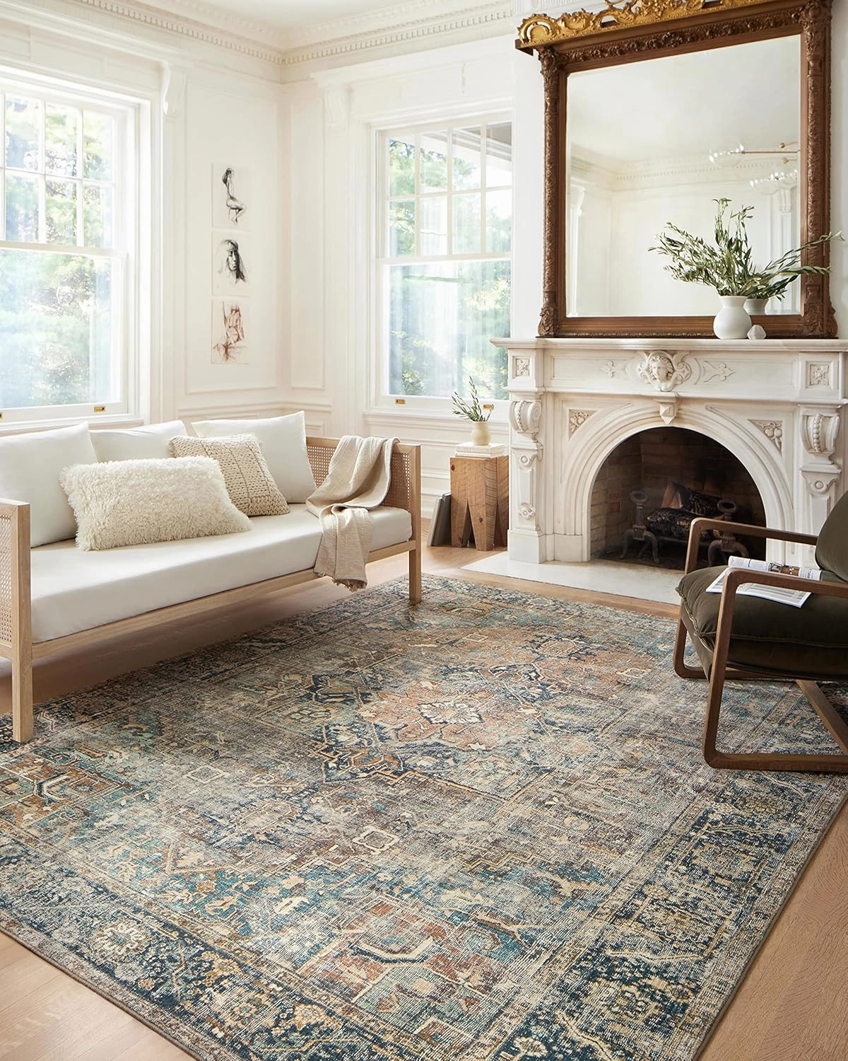 Loloi Margot Collection 2'-6" x 7'-6" Runner Rug in Terracotta/Lagoon - Thick Low Pile Area Rug, No-Shed Easy Clean Large Patterned Area Rug for Living Room, Bedroom, Dining Area