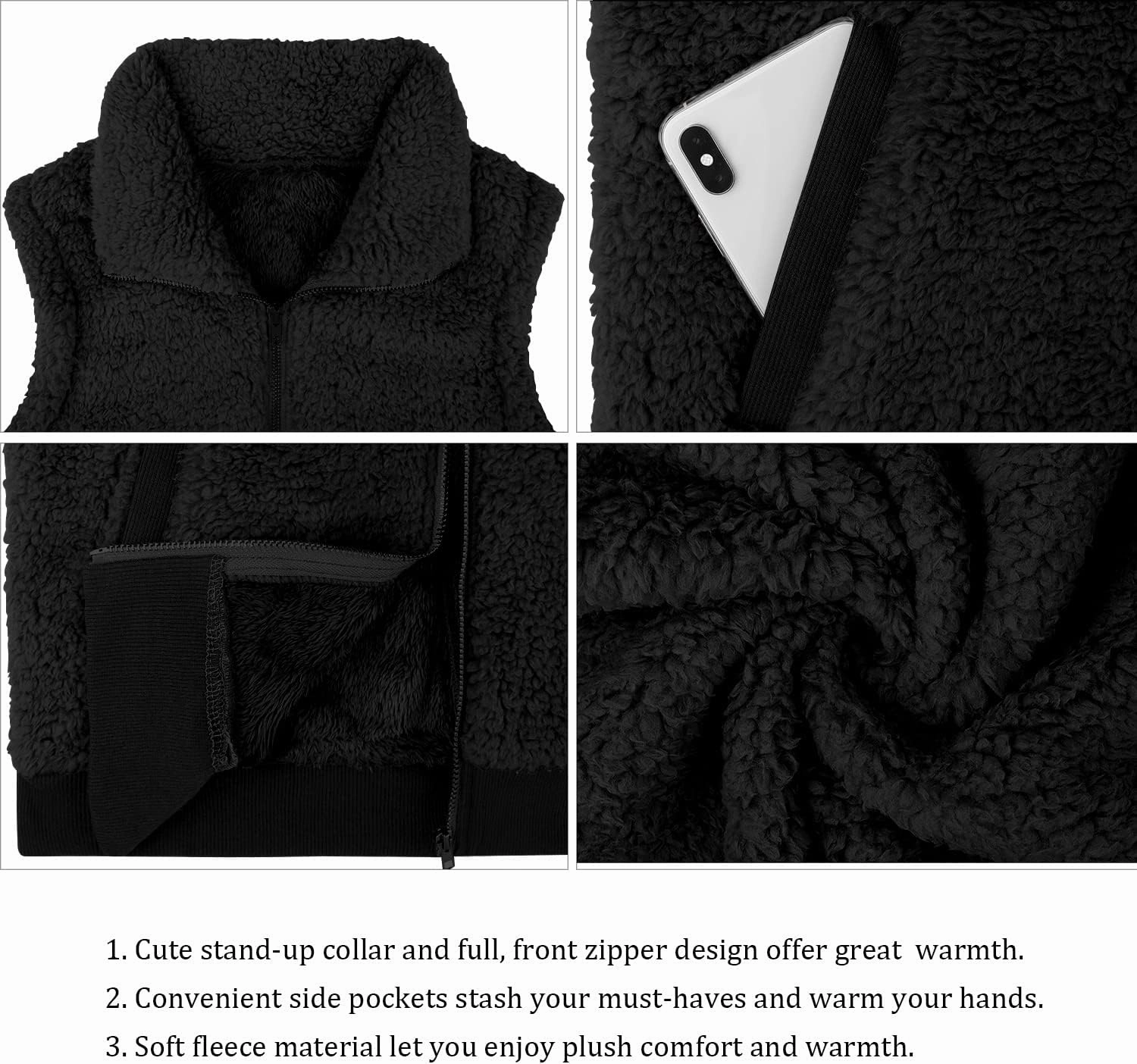 LOMON Womens Fuzzy Fleece Vest, Casual Warm Sleeveless Zip Up Sherpa Vest Jacket with Pockets for Fall/Winter