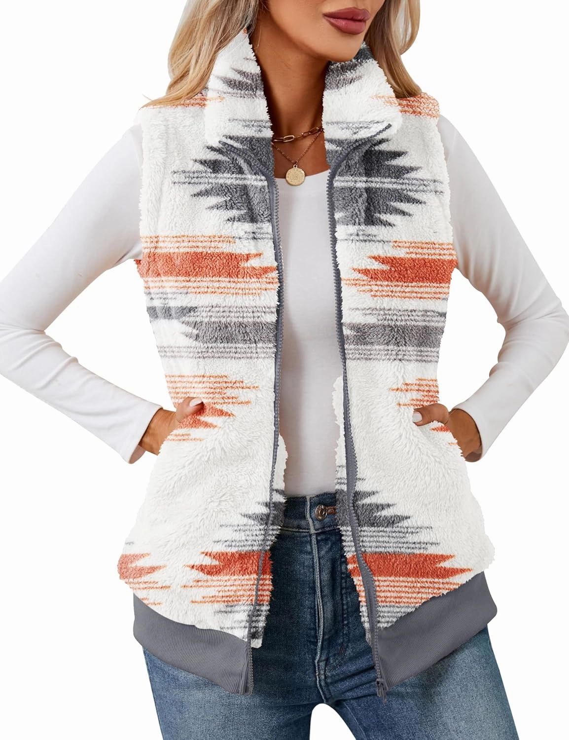 LOMON Womens Fuzzy Fleece Vest, Casual Warm Sleeveless Zip Up Sherpa Vest Jacket with Pockets for Fall/Winter