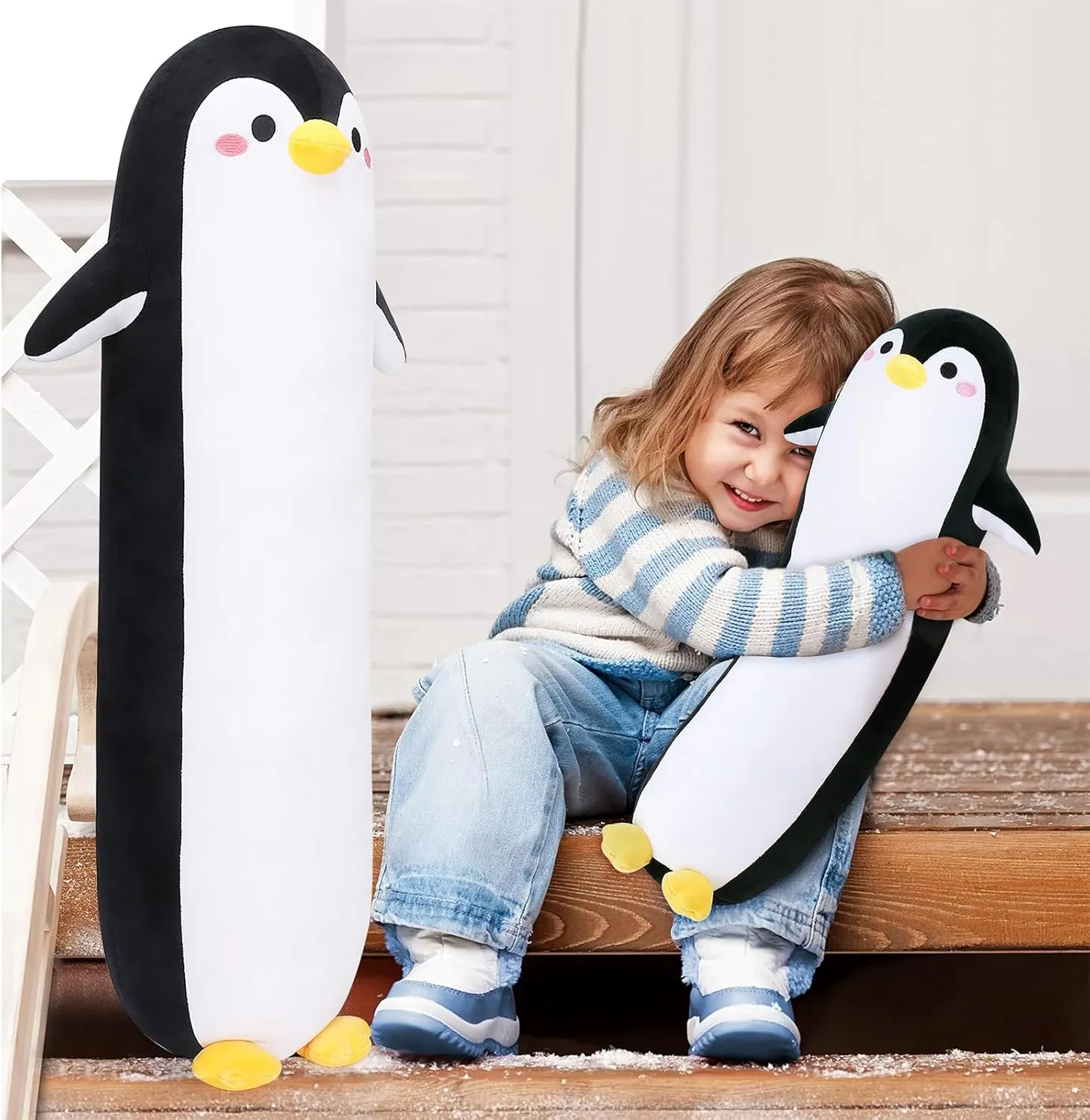 Long Penguin Plush Pillow, 33.5” Black Penguin Stuffed Animal, Cute Cartoon Sleeping Plushy, Soft Cuddly Hugging Plush Toys Kawaii Body Pillow, Sweet Gift at Birthday
