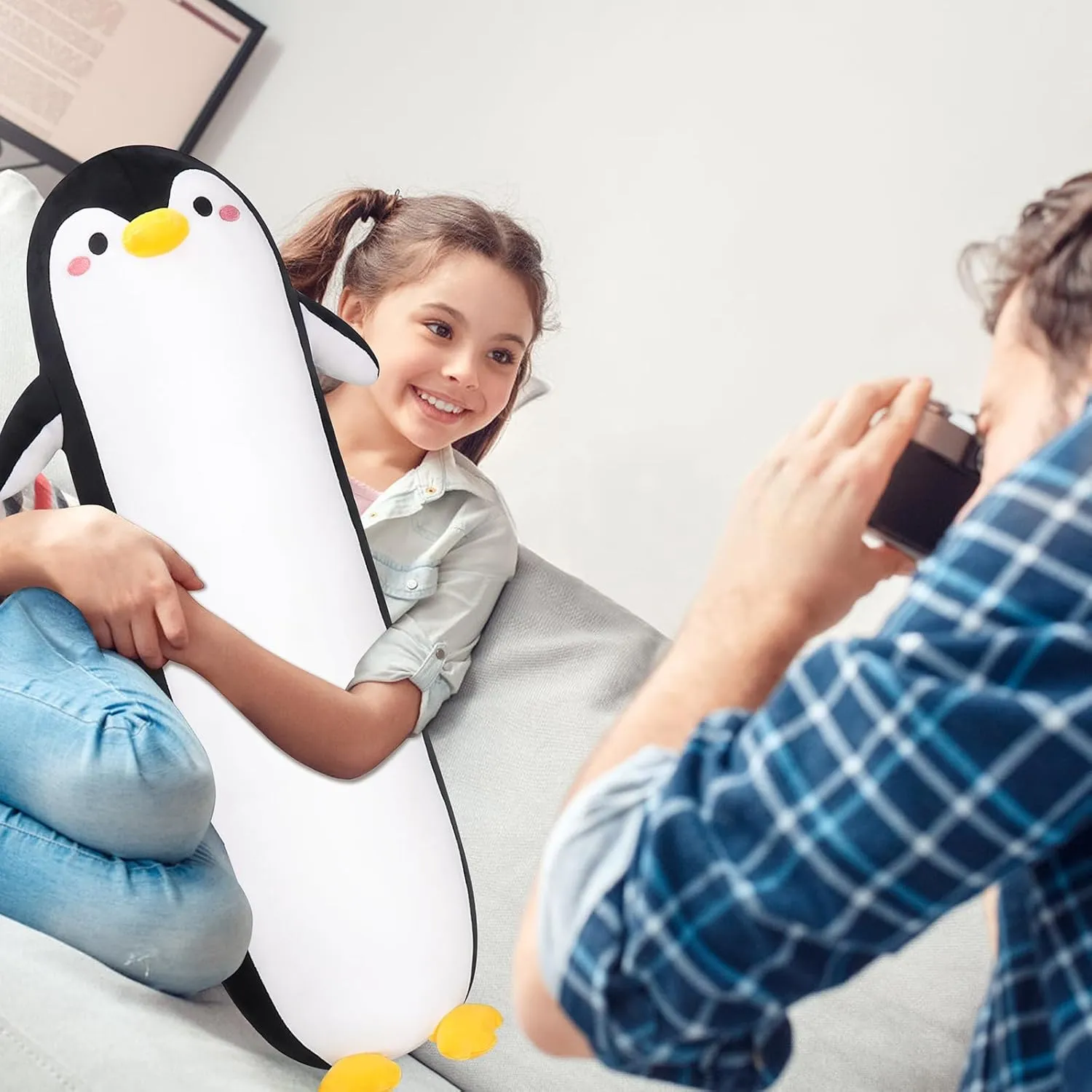 Long Penguin Plush Pillow, 33.5” Black Penguin Stuffed Animal, Cute Cartoon Sleeping Plushy, Soft Cuddly Hugging Plush Toys Kawaii Body Pillow, Sweet Gift at Birthday