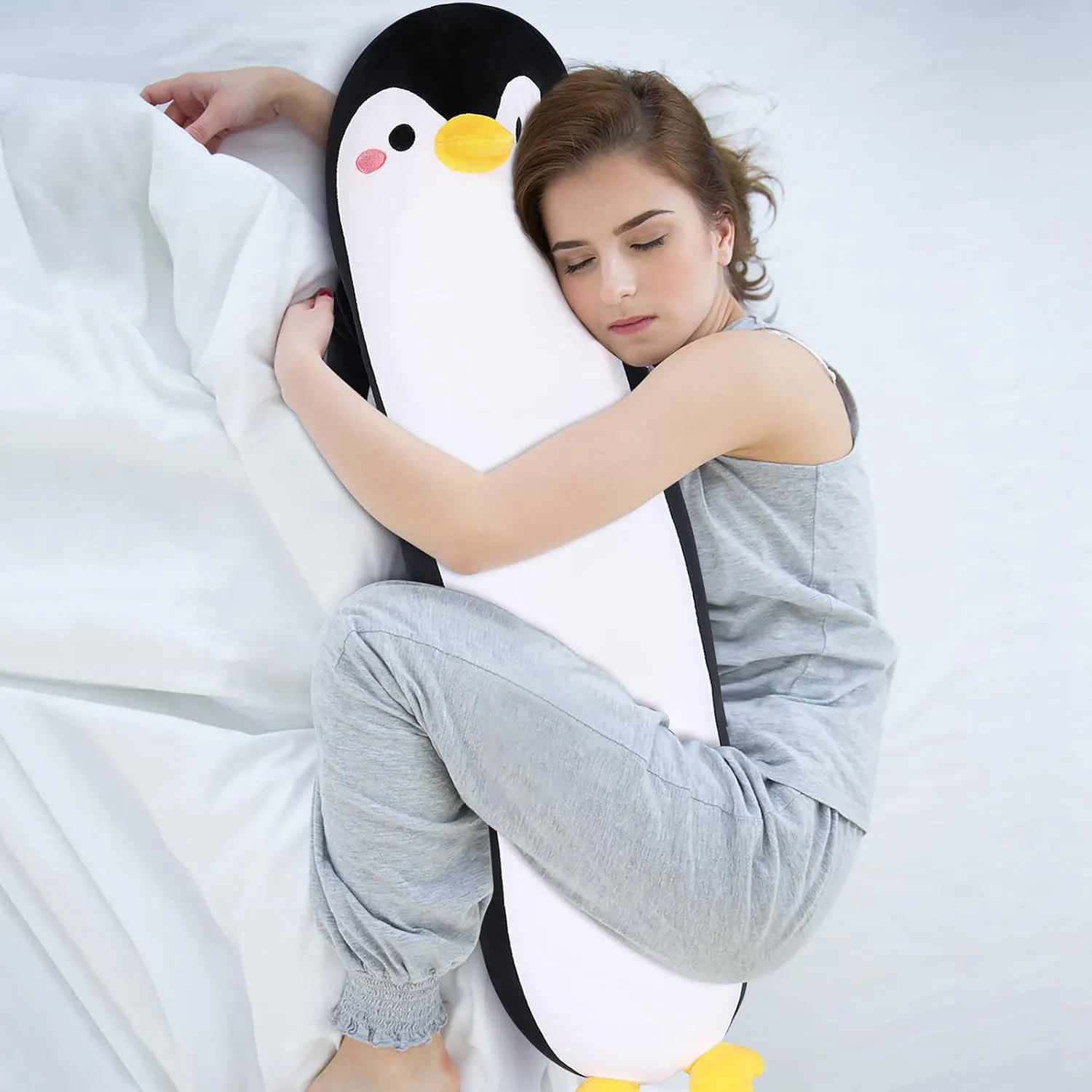 Long Penguin Plush Pillow, 33.5” Black Penguin Stuffed Animal, Cute Cartoon Sleeping Plushy, Soft Cuddly Hugging Plush Toys Kawaii Body Pillow, Sweet Gift at Birthday