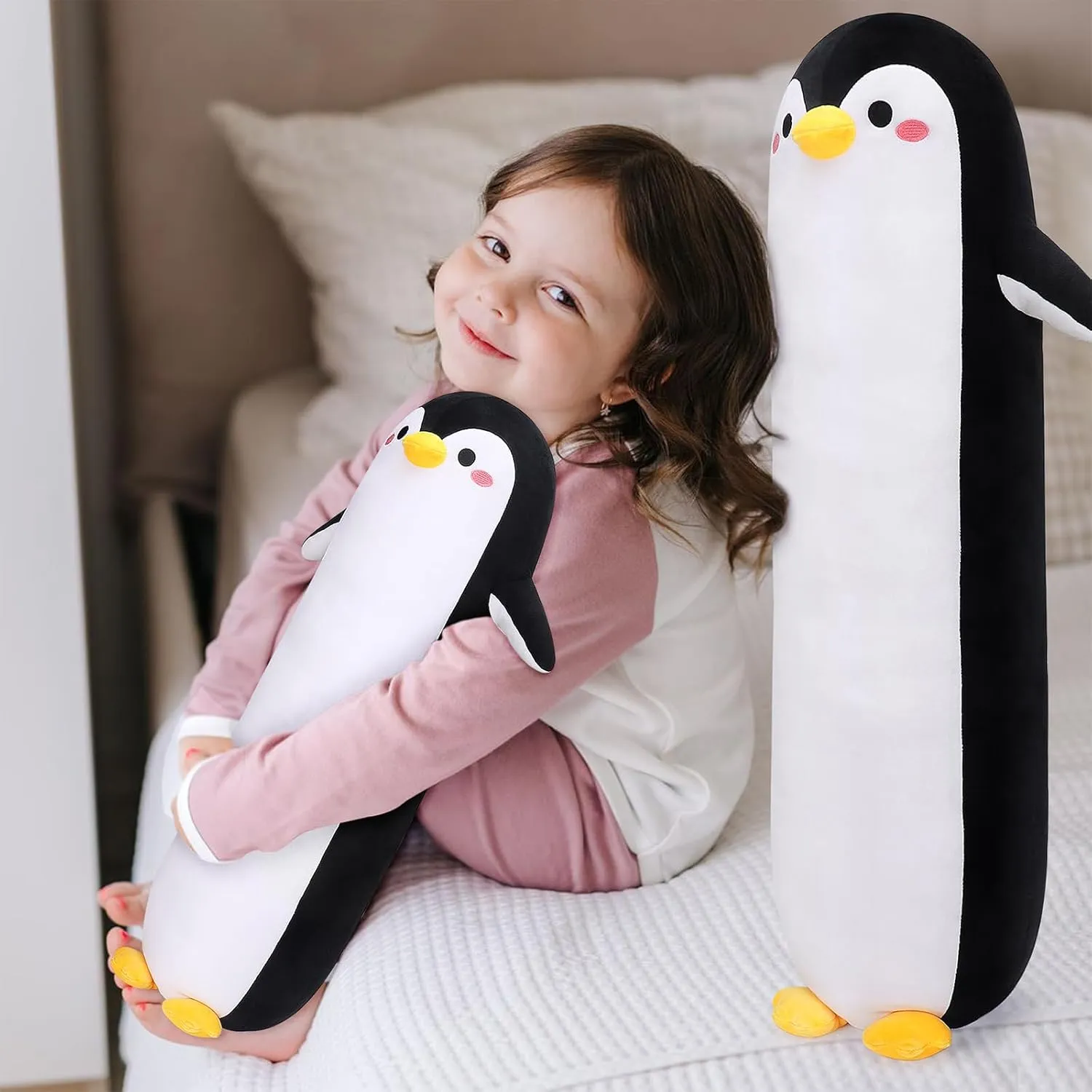 Long Penguin Plush Pillow, 33.5” Black Penguin Stuffed Animal, Cute Cartoon Sleeping Plushy, Soft Cuddly Hugging Plush Toys Kawaii Body Pillow, Sweet Gift at Birthday