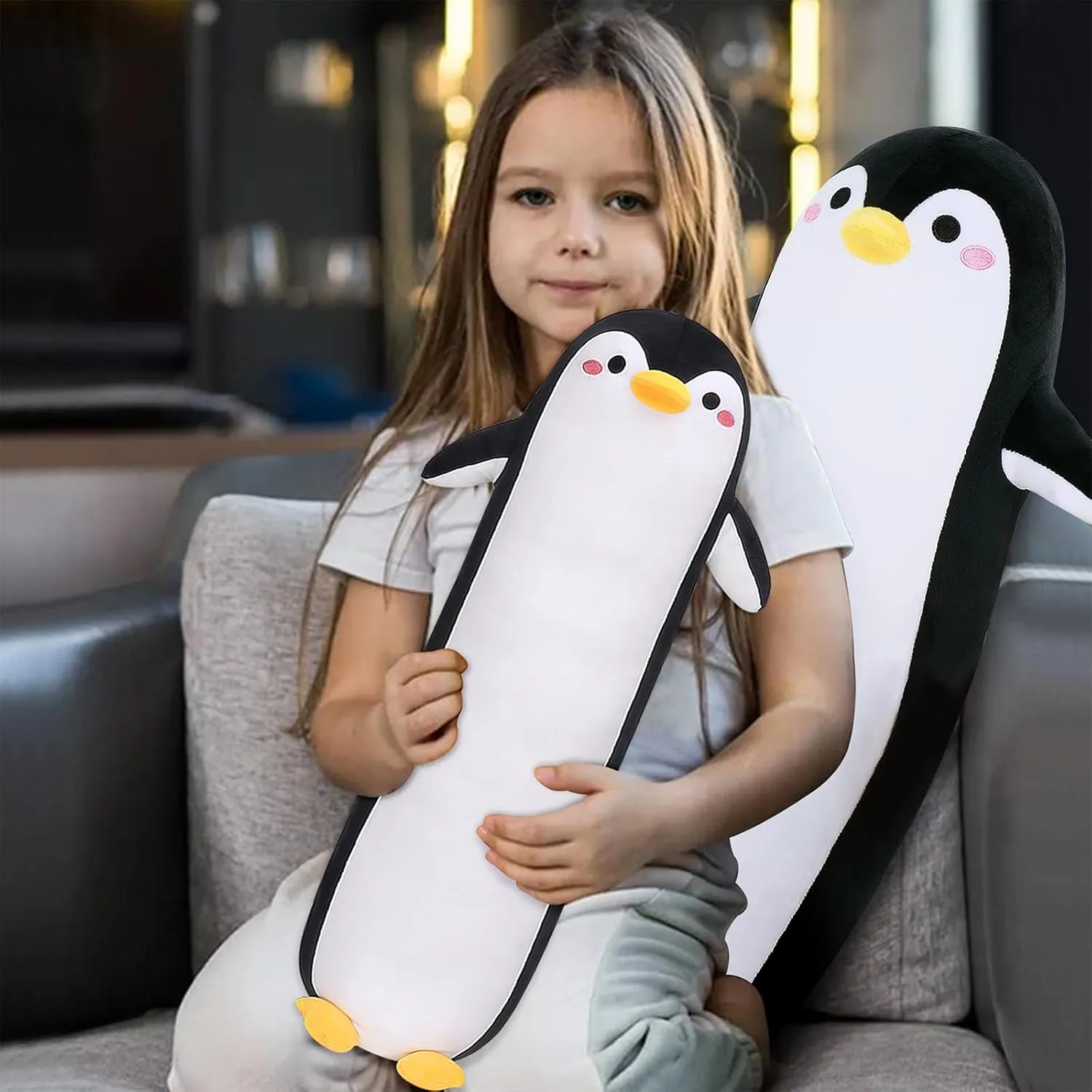 Long Penguin Plush Pillow, 33.5” Black Penguin Stuffed Animal, Cute Cartoon Sleeping Plushy, Soft Cuddly Hugging Plush Toys Kawaii Body Pillow, Sweet Gift at Birthday