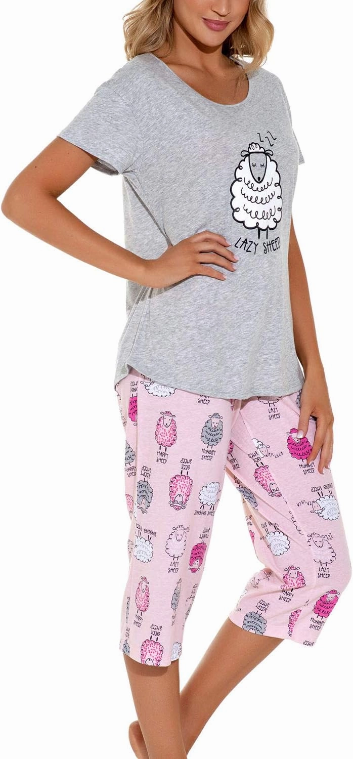 Lu's Chic Women's Cute Pajama Set Soft Cotton Capri Short Sleeve Comfy Pjs Pant Two Piece Sleepwear