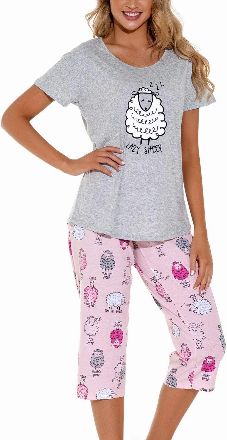 Lu's Chic Women's Cute Pajama Set Soft Cotton Capri Short Sleeve Comfy Pjs Pant Two Piece Sleepwear