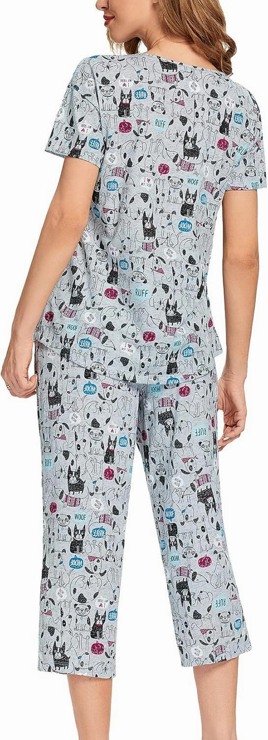 Lu's Chic Women's Cute Pajama Set Soft Cotton Capri Short Sleeve Comfy Pjs Pant Two Piece Sleepwear