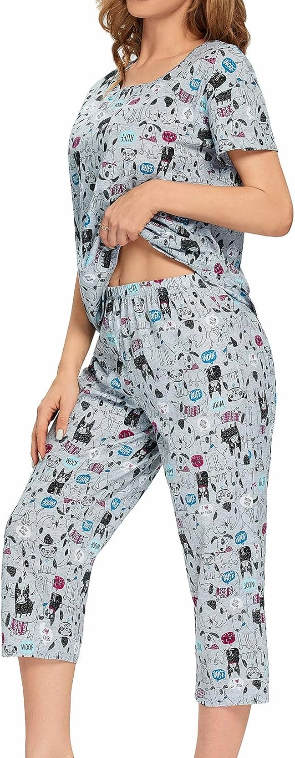 Lu's Chic Women's Cute Pajama Set Soft Cotton Capri Short Sleeve Comfy Pjs Pant Two Piece Sleepwear